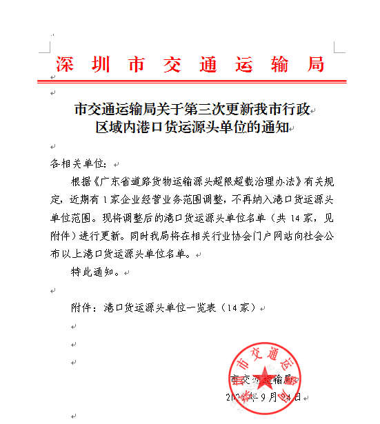 关于第三次更新我市行政区域内港口货运源头单位的通知